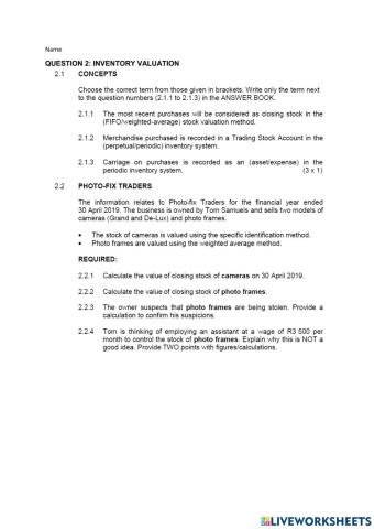 Question 2: inventory valuation