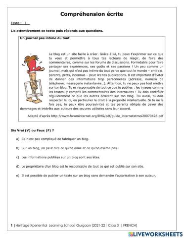 Holiday Homework HXLS Grade 10 Comprehension Ecrite