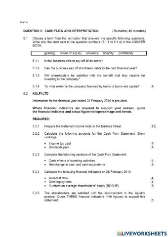Question 5 Cash flow