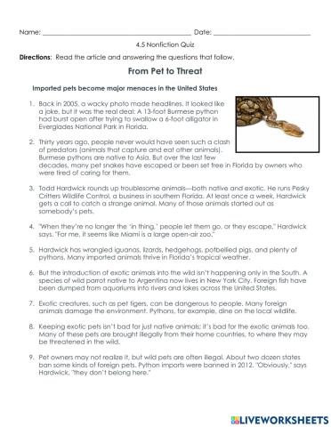 4.6 Nonfiction Review Quiz -From Pet to Threat-
