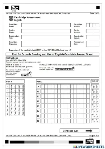 FIRST Reading and Use of English Answer Sheet