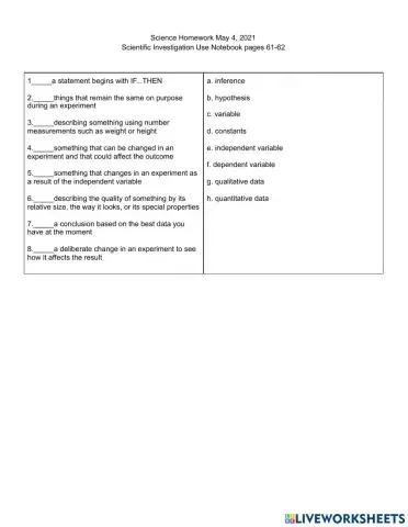 Science Homework Matching 5-4-2021