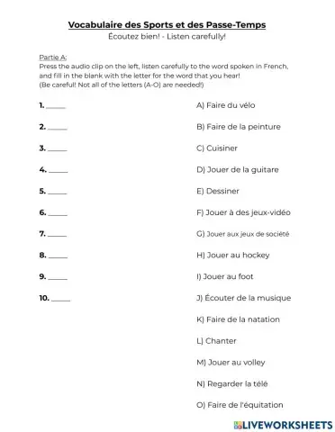 Sports-Hobbies Listening Exercise