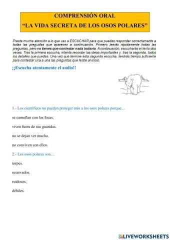 COMPRENSIÓN ORAL LA VIDA SECRETA DE LOS OSOS POLARES