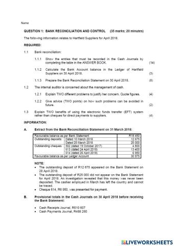 Question 1 Bank reconciliation
