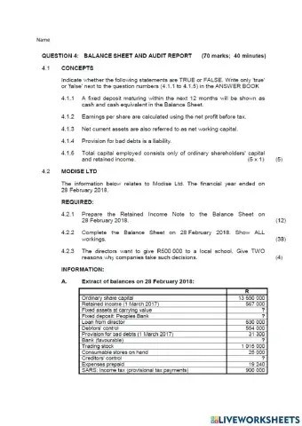 Question 4 Balance sheet and Audit report