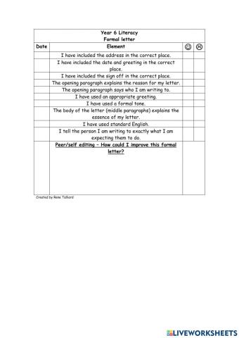 Writing a letter checklist