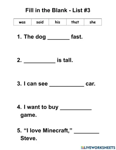 WOW - List 3 - 5 words - Missing Letter