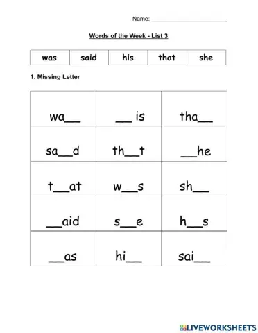 WOW - 5 words - List 3 - Missing Letter