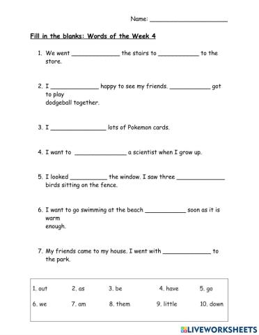 WOW - 10 Words - List 4 - Fill in the Blank