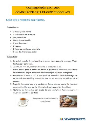 COMPRENSIÓN LECTORA -CÓMO HACER GALLETAS DE CHOCOLATE-