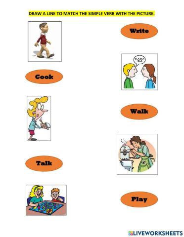 Simple verbs match (Play, write, read, cook, eat, drink, sleep, walk, talk)