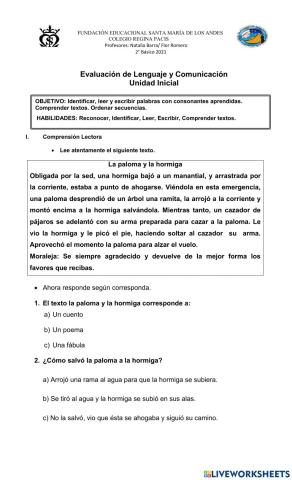 Evaluación Inicial Lenguaje y Comunicación