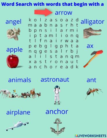 Word Search With Words That Begin With The Letter a