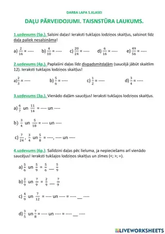 Daļu pārveidojumi. Taisnstūra laukums.