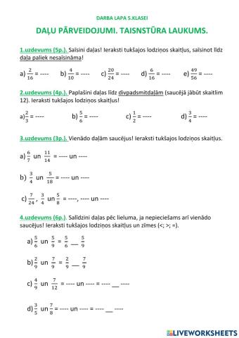 Daļu pārveidojumi. Taisnstūra laukums.