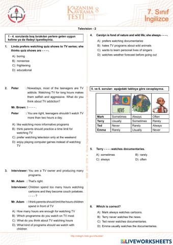 Kazanım testleri television-2 -7 th grade