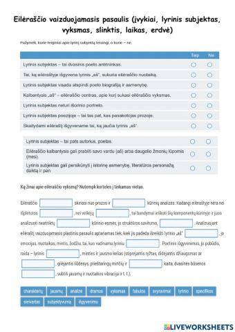 Eilėraščio vaizduojamasis pasaulis (įvykiai, lyrinis subjektas, vyksmas, slinktis, laikas, erdvė)