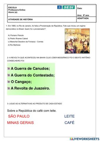 Atividade sobre a Republica no Brasil