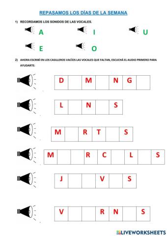 LAS VOCALES EN LOS DÍAS DE LA SEMANA.
