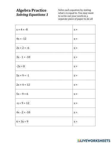 Algebra - Practice with Simple Equations