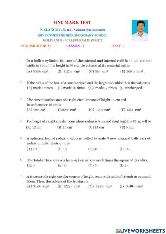 Class 10 Maths English Medium Lesson7 Test1