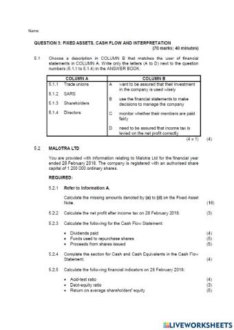 Question 5 Fix assets, cash flow