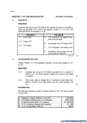 Question 1 Vat and reconciliation