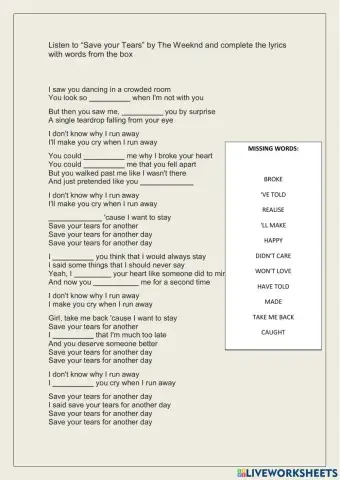 Song worksheet save your tears