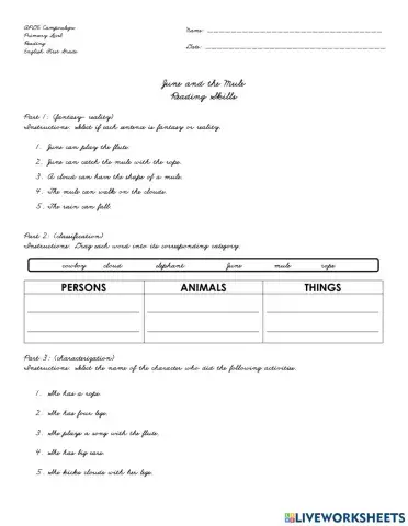 Reading skills: fantasy-reality-classification-characterization