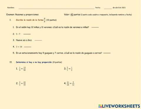 Examen Razones y proporciones