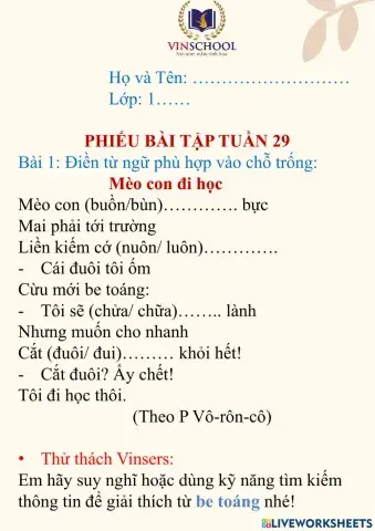 Phiếu bài tập tuần 29