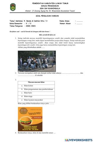 Penilaian Harian Tema 9 Subtema 3