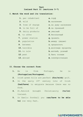 Ireland, test 2 (sport, farming, history)