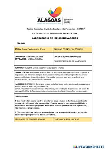 9° ano -Roteiro 05-04 a 20-04