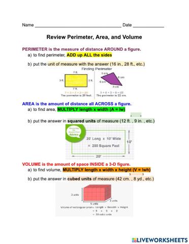 Review Area, Perimeter, Volume