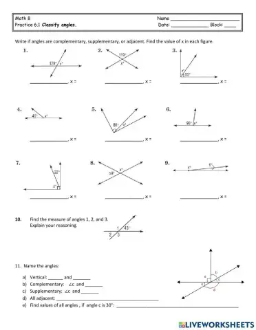 Complementary, Supplementary, and Vertical Angles Practice
