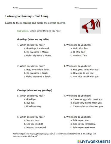 Listening - Identifying Greetings - Skill Building