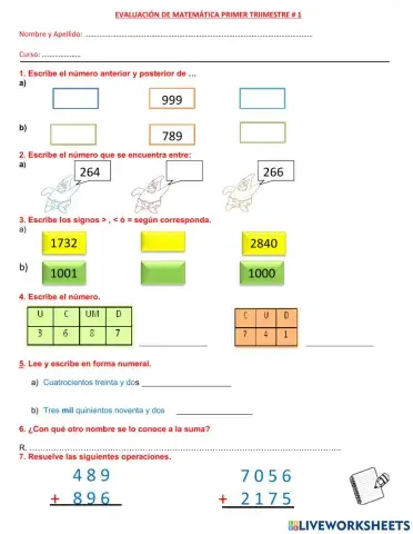Actividad de adición, escritura de números.