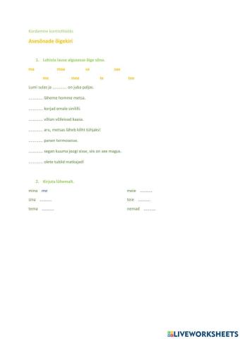 Asesõnade õigekiri, 2.klass, kordamine kontrolltööks