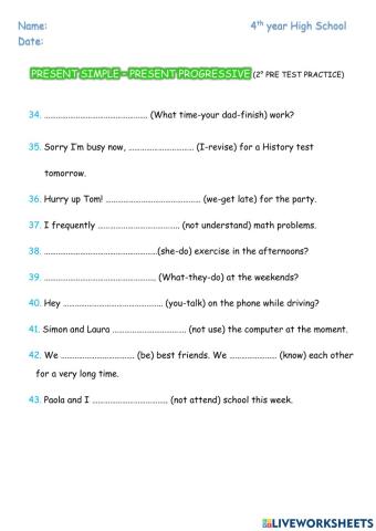 4th Pre test 2 - Pres Simple Pres Progressive