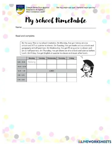Reading - My school timetable