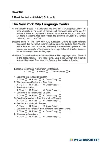 READING - English File Unit 1