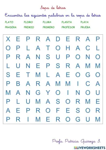 Sopa de letras con sílabas pl y pr