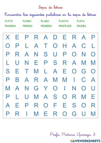 Sopa de letras con sílabas pl y pr