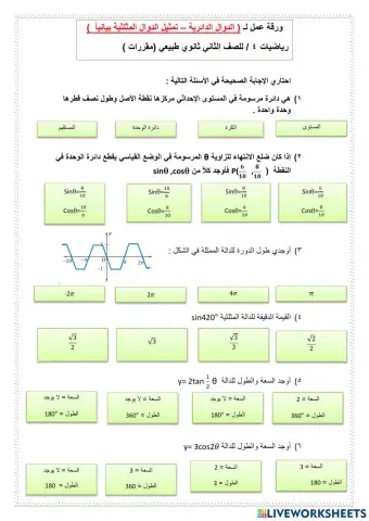 ورقة عمل تفاعلية لدرس الدوال الدائرية وتمثيل الدوال المثلثية