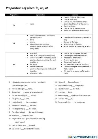Prepositions of place: in, on, at