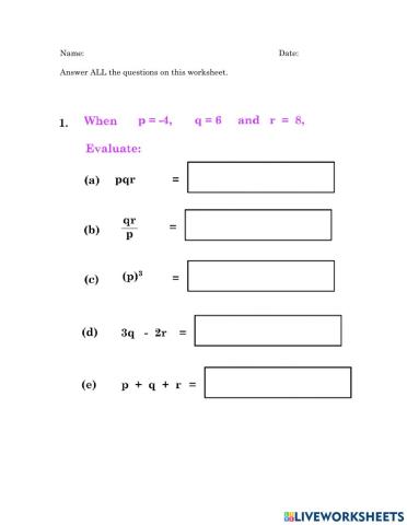 Algebra substitute and evaluate