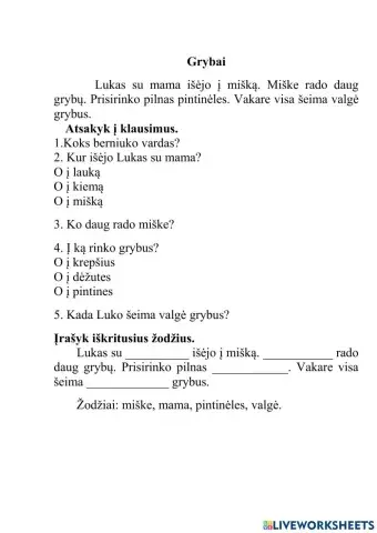 Skaitymo suvokimo užduotis ,,Grybai-