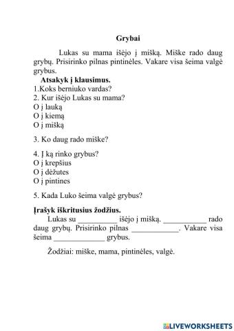 Skaitymo suvokimo užduotis ,,Grybai-